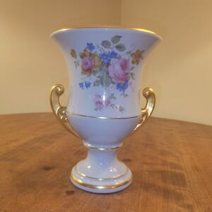 Vintage PRINCETON CHINA 8" Porcelain VASE Pale Blue With Gold Detail Flowers